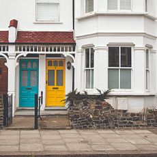 Front of houses with colourful doors