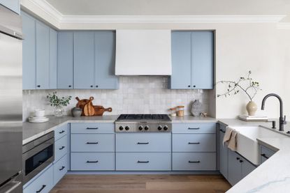 A modern light blue slab door kitchen