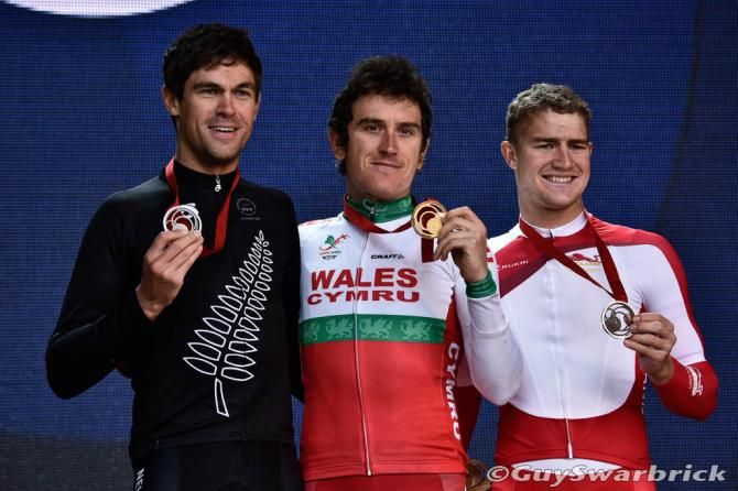 Jack Bauer, Geraint Thomas and Scott Thwaites on the podium