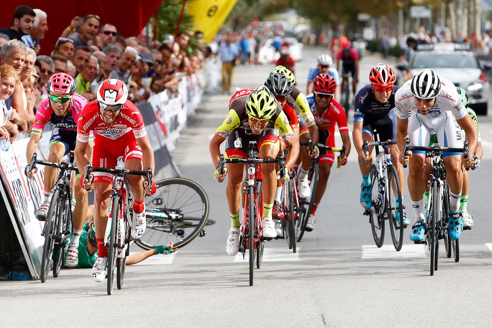 A crash near the finish of Memorial Marco Pantani