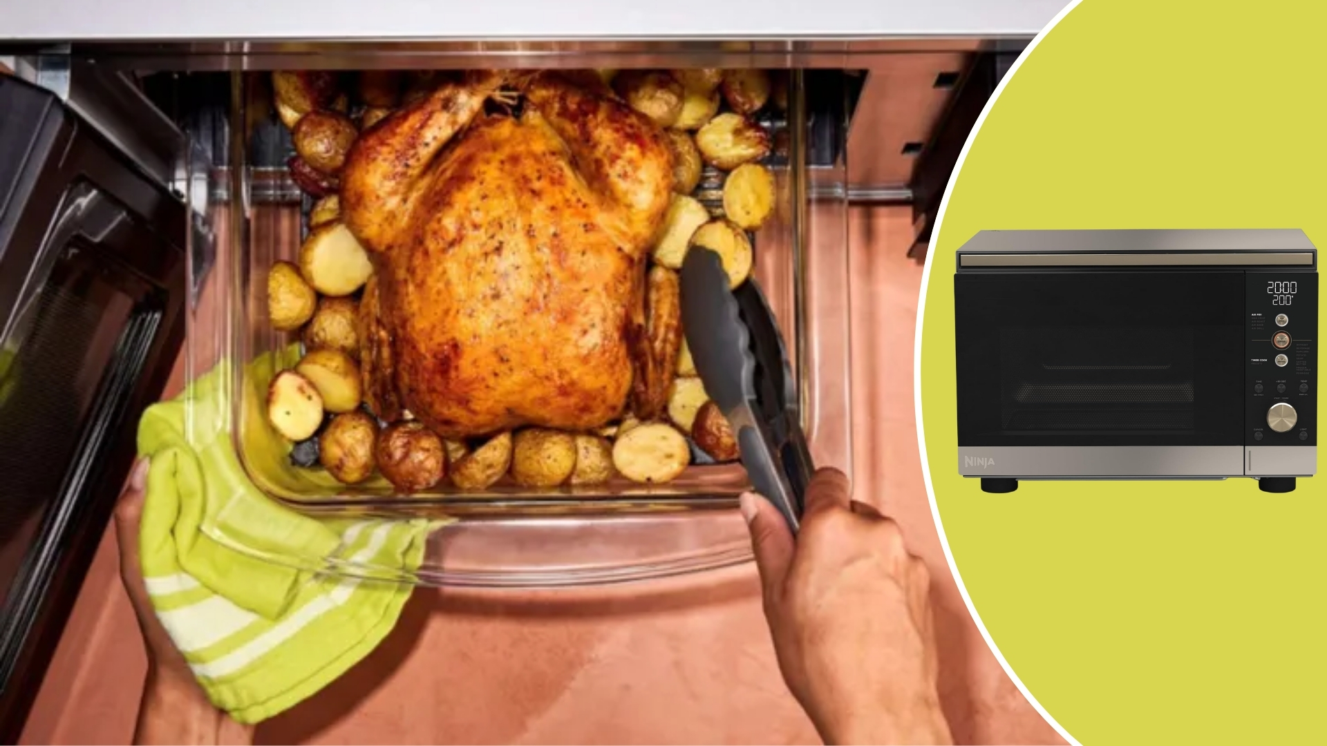 A roast chicken coming out of the new Ninja Crispi Microwave Air Fryer and Oven with a cutout of the Ninja Crispi Microwave Air Fryer and Oven