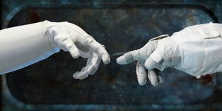 Robonaut 2 and Gloved Astronaut's Hands