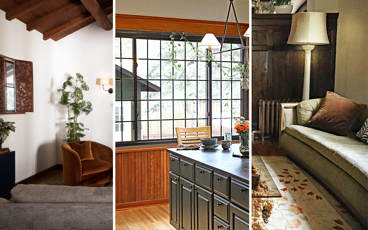 A trio of images: A living room with a wooden vaulted ceiling and a dark orange accent chair, a kitchen with large windows and green cabinetry, a living space with a gray sofa and a large floor lamp