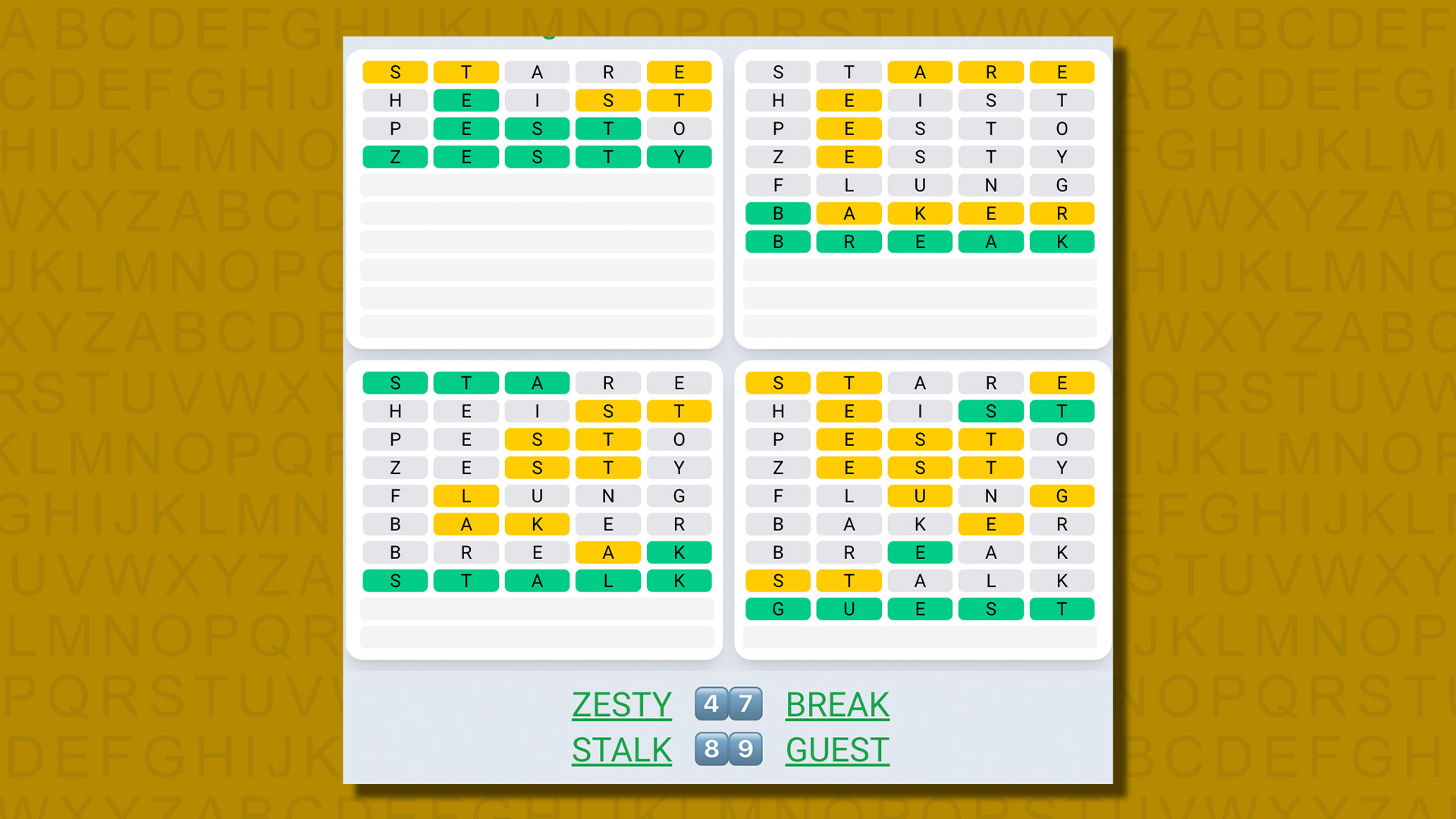 Quordle daily sequence answers for game 573 on a yellow background