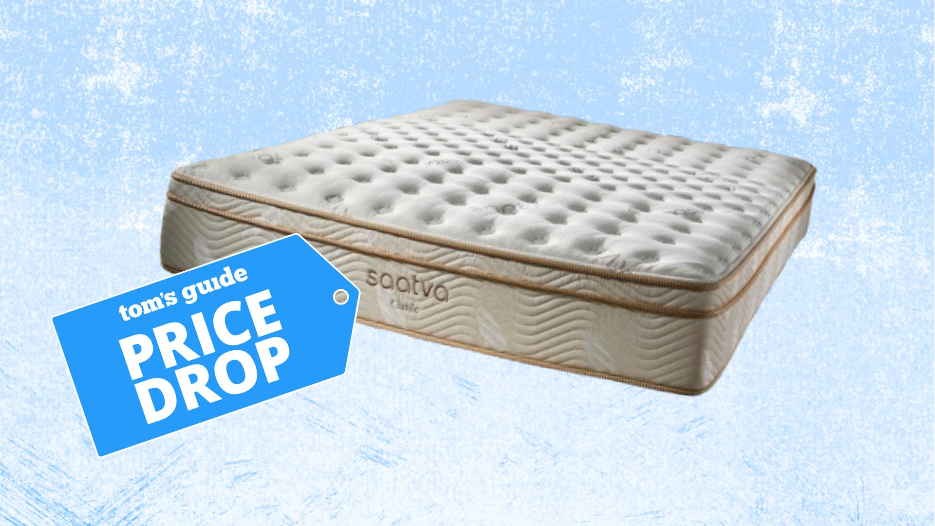 The Saatva mattress on a blue and white textured background with a deals badge in the foreground.