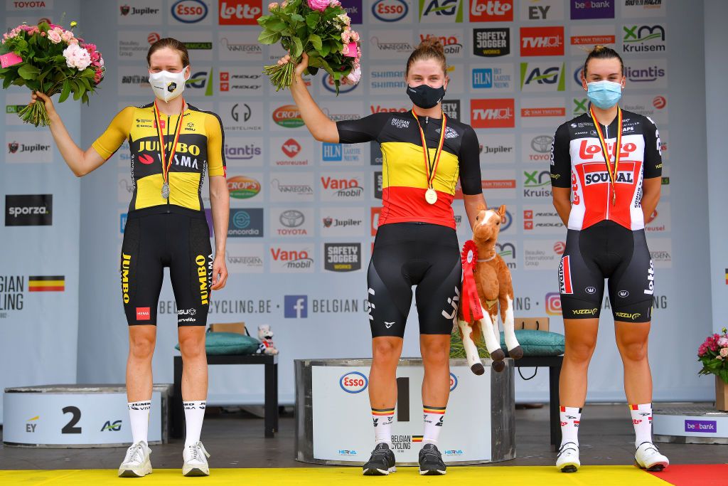 WAREGEM BELGIUM JUNE 20 Julie Van De Velde of Belgium 2nd place Silver medal Lotte Kopecky of Belgium Gold Medal Belgian Champion Jersey Alana Castrique of Belgium 3rd place Bronze medal celebrates at podium during the 122th Belgian Road Championship 2021 Womens Road Race a 1224km one day race from Waregem to Waregem BELCycling belgiancycling on June 20 2021 in Waregem Belgium Photo by Luc ClaessenGetty Images