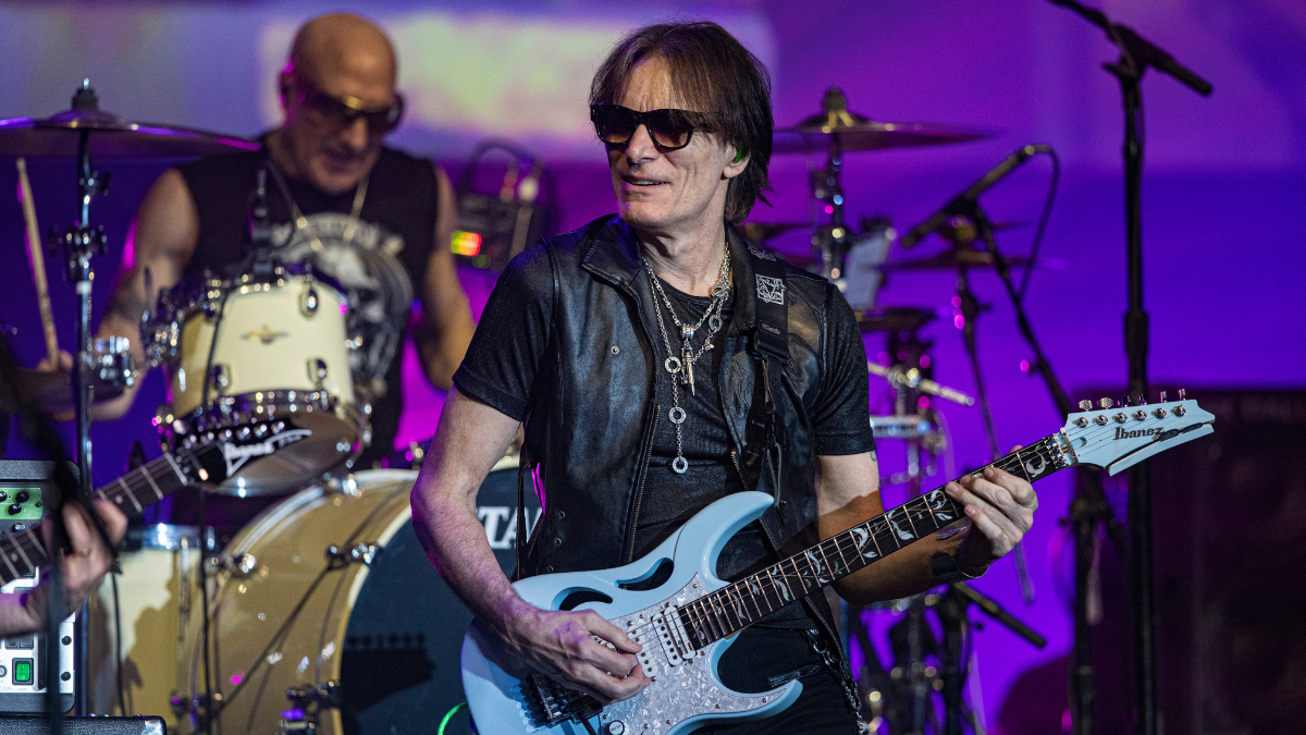 Steve Vai playing his Ibanez Steve Vai PIA3761C-BLP Blue Powder guitar