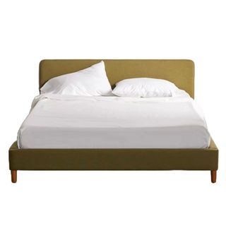 A fabric bed frame in olive green