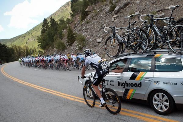 Hayden Roulston (HTC-Highroad) gets a feed at the back of the bunch.