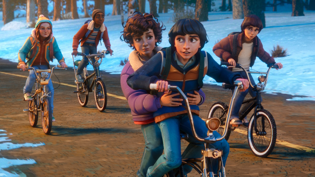 The Stranger Things characters are shown riding their bikes on Stranger Things: Tales From '85.