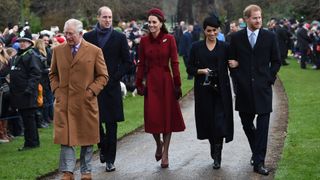 (L-R) Britain's Prince Charles, Prince of Wales, Britain's Prince William, Duke of Cambridge, Britain's Catherine, Duchess of Cambridge, Meghan, Duchess of Sussex and Britain's Prince Harry, Duke of Sussex arrive for the Royal Family's traditional Christmas Day service at St Mary Magdalene Church in Sandringham, Norfolk, eastern England, on December 25, 2018. (Photo by Paul ELLIS / AFP)