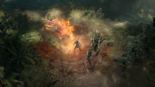 The player is caught between a flaming leopard and a tree enemy within a forest in Diablo 4: Vessel of Hatred