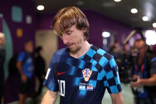 Luka Modric of Croatia shows dejection in the tunnel as he leaves the pitch after the FIFA World Cup Qatar 2022 semi final match between Argentina and Croatia at Lusail Stadium on December 13, 2022 in Lusail City, Qatar.