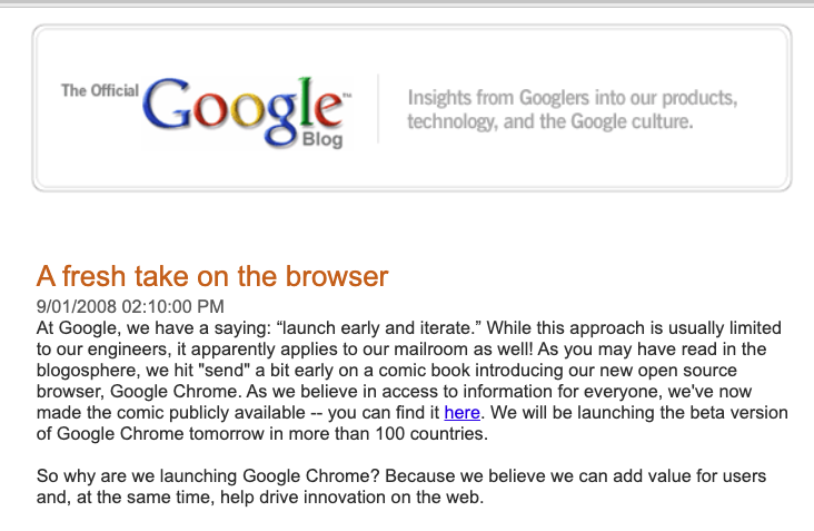Google Blog post from 2008 announcing the debut of the Chrome Browser