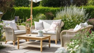 Patio in the sunshine with chairs and plants arranged on it