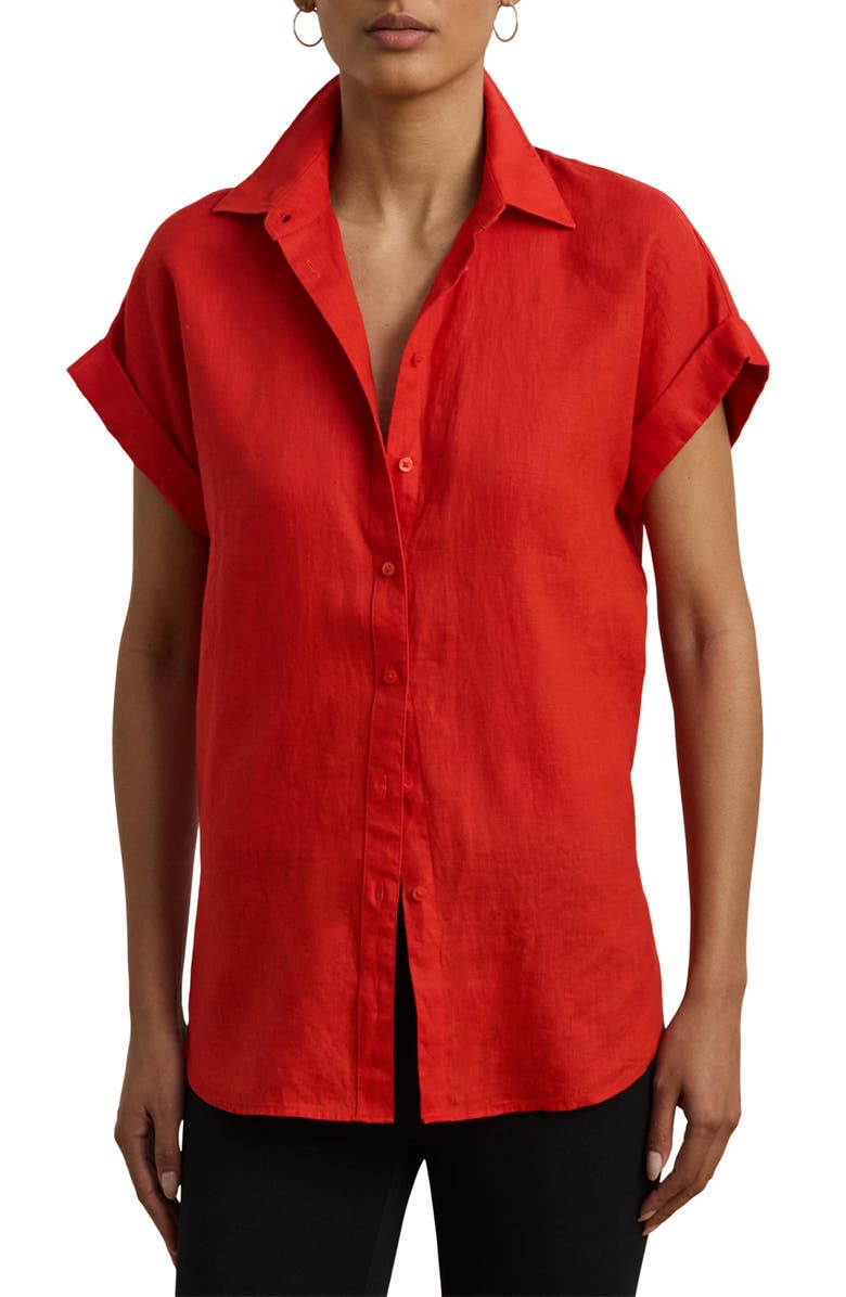 Relaxed Fit Short Sleeve Linen Button-Up Shirt