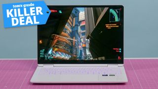 HP Omen Transcend 14 with deal tag superimposed