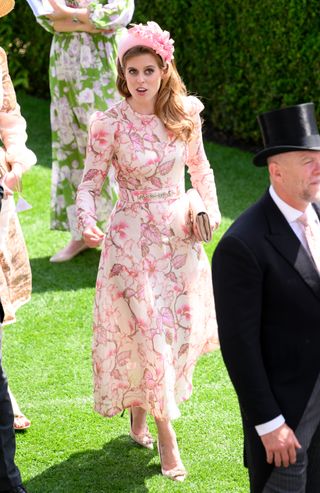 princess beatrice attends the royal ascot in a pink floral dress