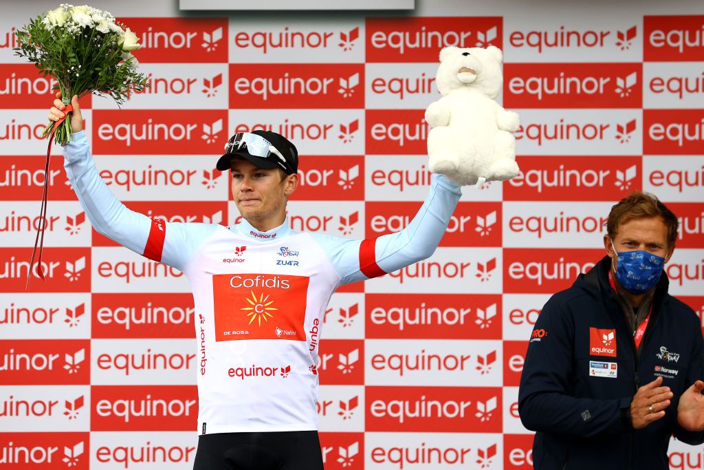 BRONNOYSUND NORWAY AUGUST 12 Axel Zingle of France and Team Cofidis celebrates at podium as White Best Young Rider Jersey winner during the 9th Arctic Race Of Norway 2022 Stage 2 a 1543km stage from Mosjen to Brnnysund ArcticRace on August 12 2022 in Bronnoysund Norway Photo by Michael SteeleGetty Images