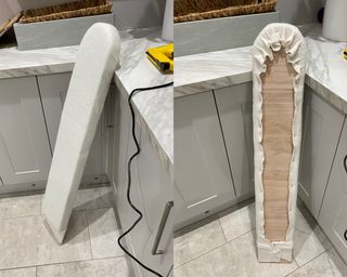 DIY scallopped upholstered headboard - A front and back view of panels wrapped in barrier cloth