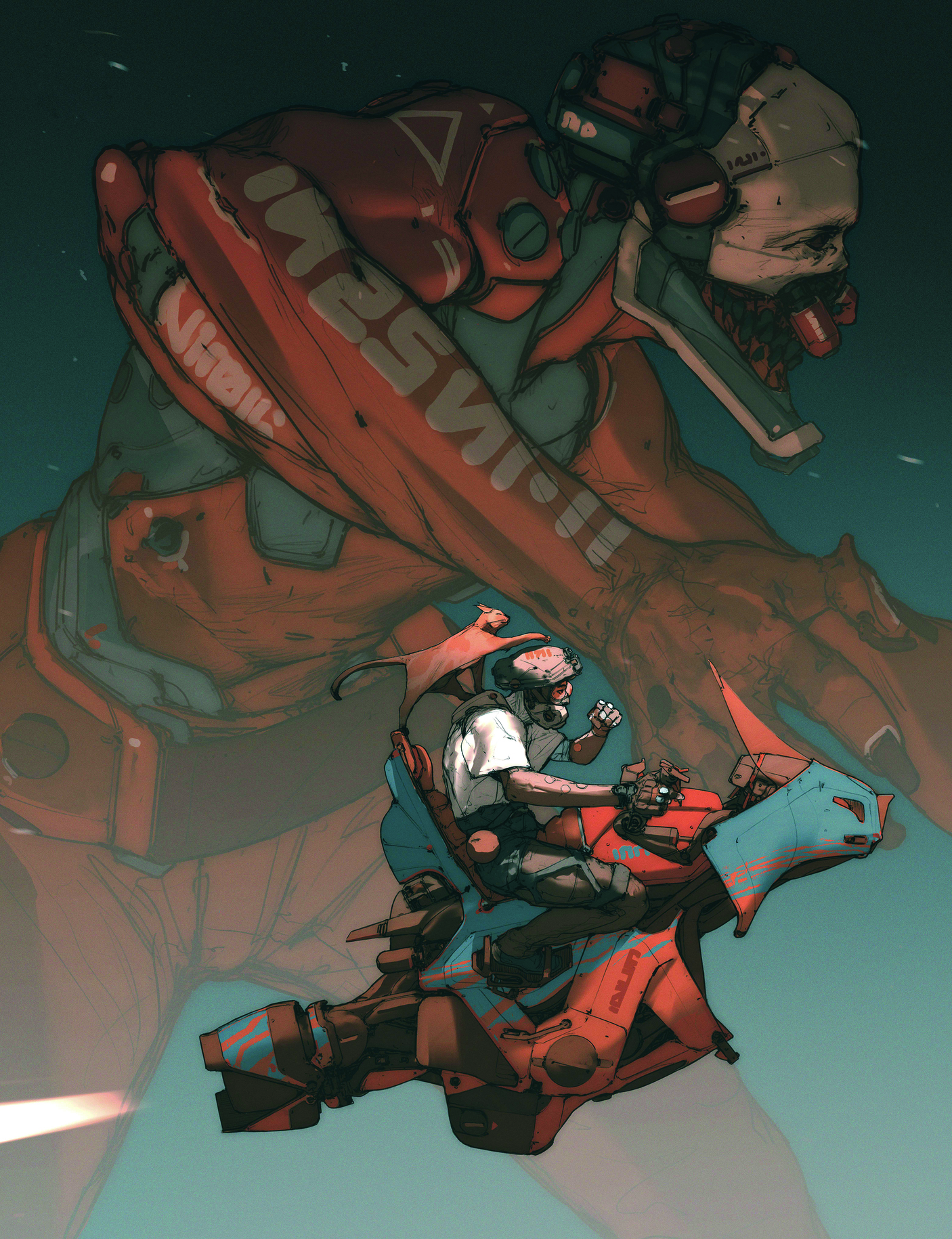Sci-fi composition; a man riding a contraption with a cat