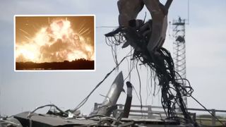 A split image shows an explosion over large machinery picking up debris.