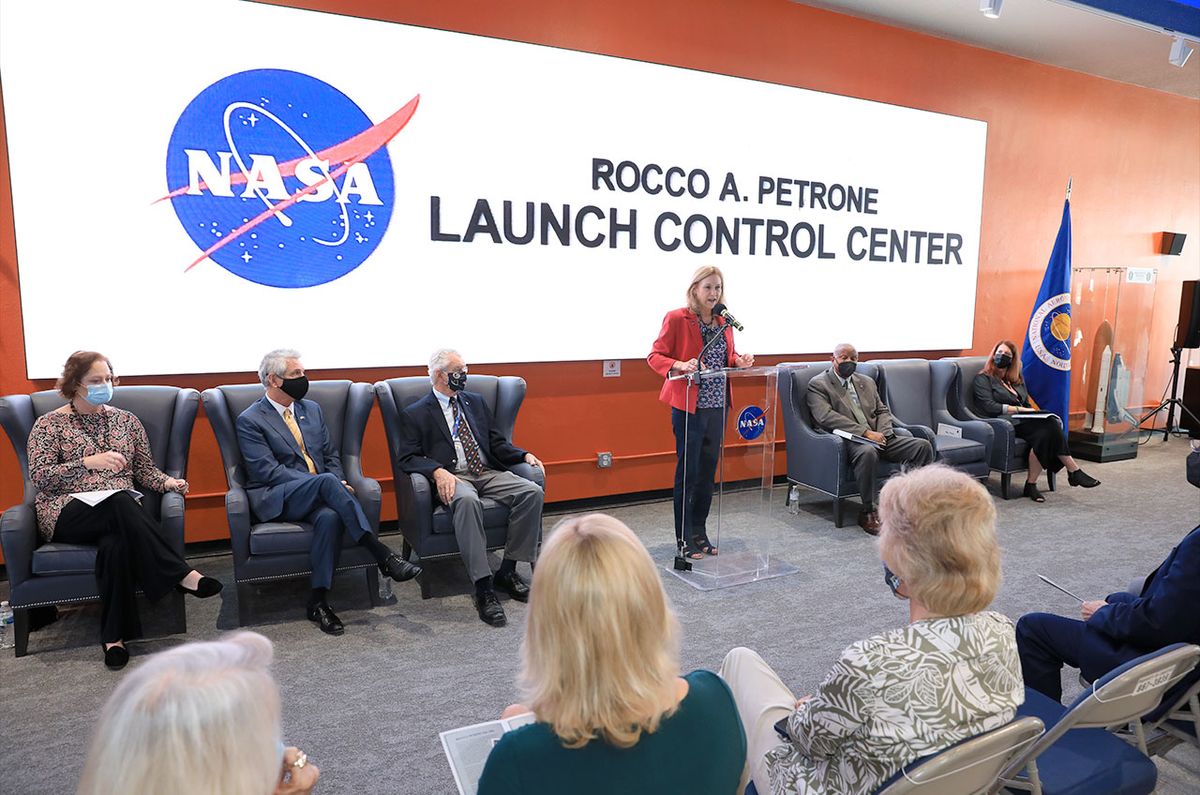 Janet Petro, director of NASA&#039;s Kennedy Space Center, speaks during a Feb. 22, 2022 ceremony renaming the Florida spaceport&#039;s launch control center for Apollo launch director Rocco Petrone. 