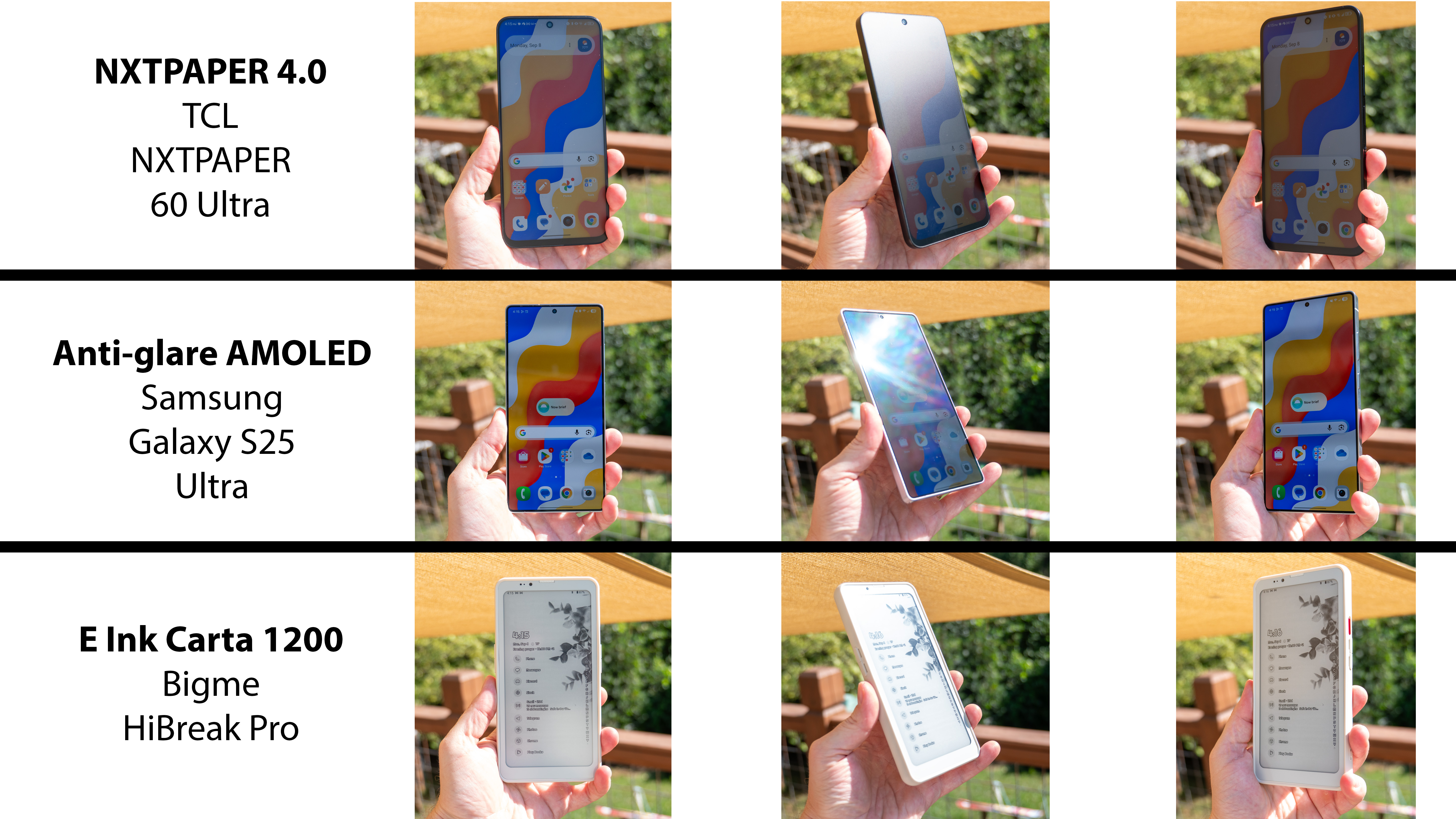 Comparing sunlight visibility between a TCL NXTPAPER 60 Ultra, Samsung Galaxy S25 Ultra, and a Bigme HiBreak Pro