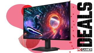 Samgun Odyssey G50SF gaming monitor on a pink deals background