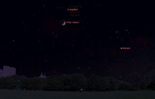 Jupiter shines above the crescent moon in the western night sky on Saturday, May 23, 2015, with brilliant Venus visible to the lower right as shown in this sky map showing their locations at 10 p.m. local time as seen from mid-northern latitudes.