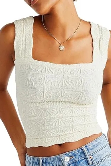 Niceyoo Tank Top for Women Going Out Tops Free People Doop Square Neck Crop Tops Flower Embroidery Cami Tops Beige, Xs/s