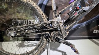 Motor detail of an e-MTB on a stand at a trade show