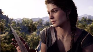 Assassin's Creed Odyssey screenshot of Kassandra admiring a blade