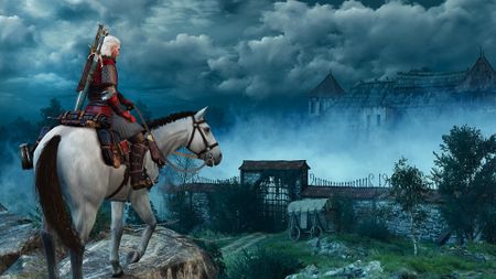 Geralt on a white horse overlooking a manor shrouded in mist in The Witcher 3: Wild Hunt - Hearts of Stone expansion.