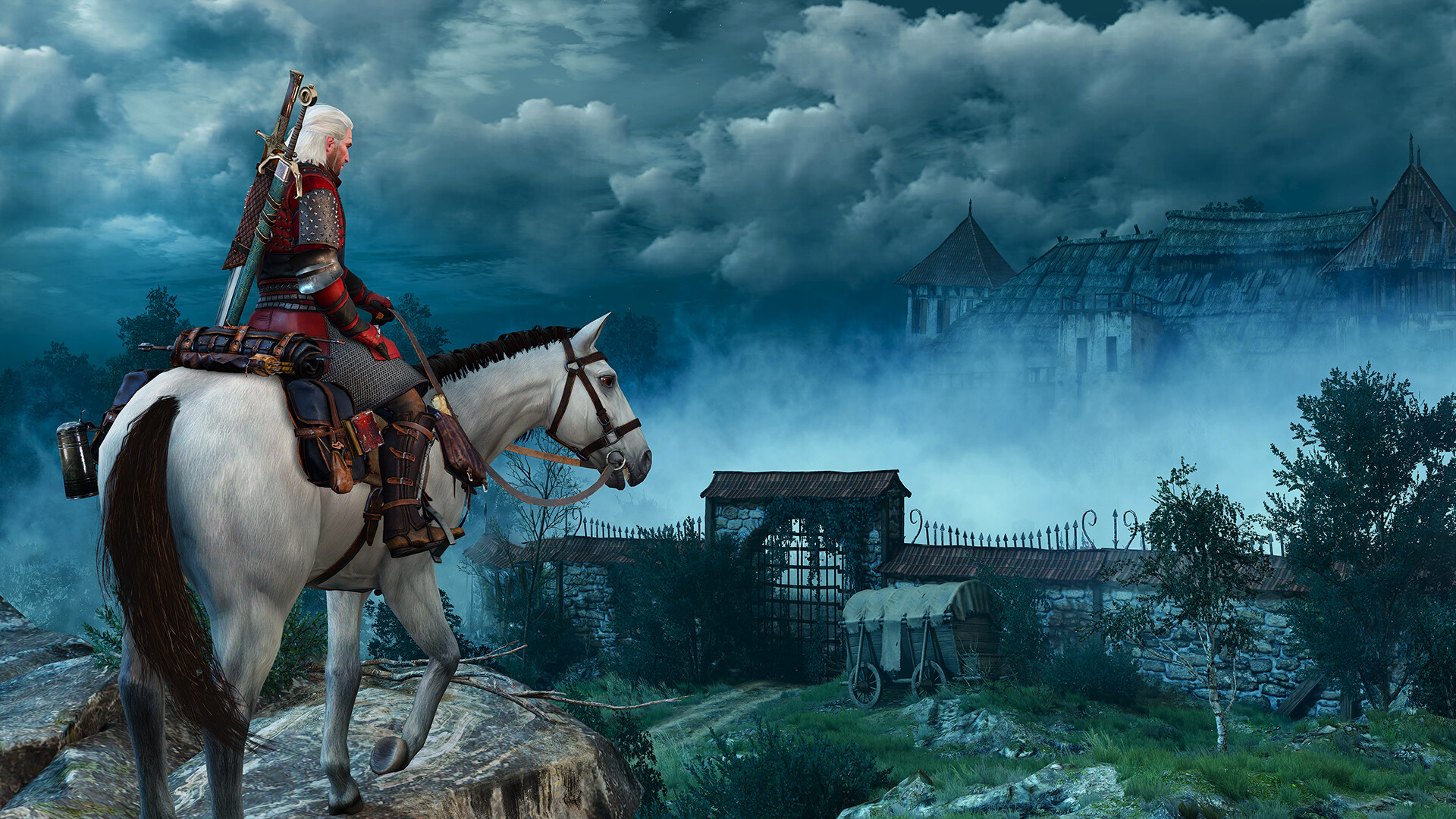 Geralt on a white horse overlooking a manor shrouded in mist in The Witcher 3: Wild Hunt - Hearts of Stone expansion.