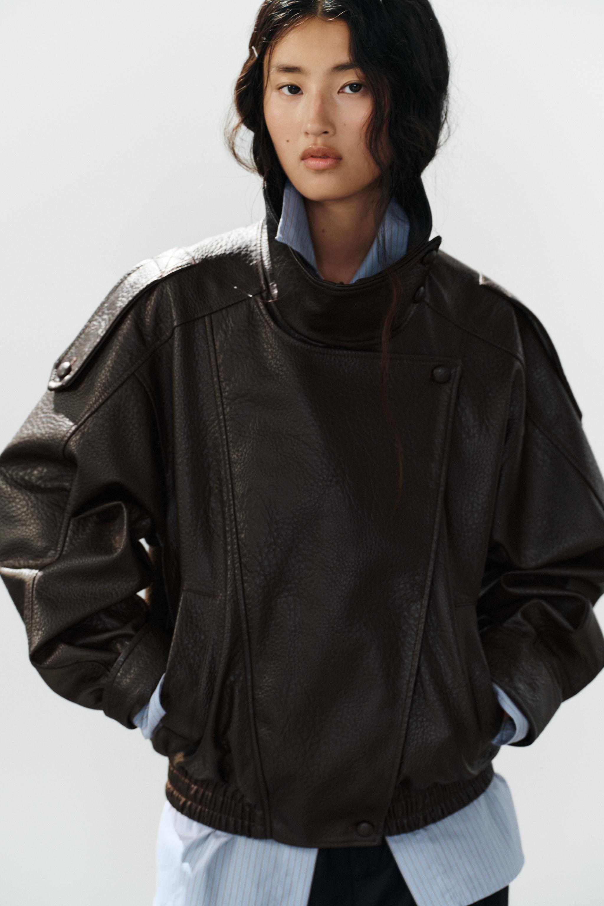 Faux Leather Jacket - Brown - Xs