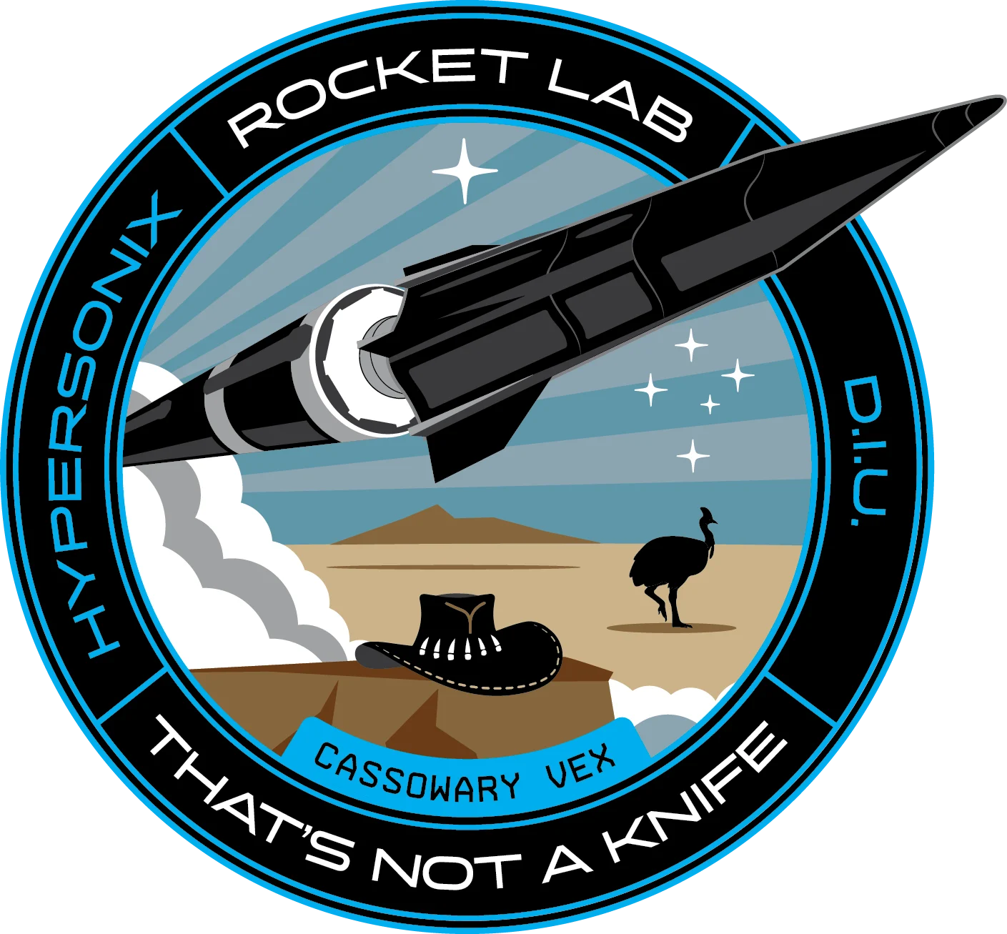 A black winged space vehicle launches on a black rocket on a circular mission patch with a desert background with an ostrich and cowboy hat.