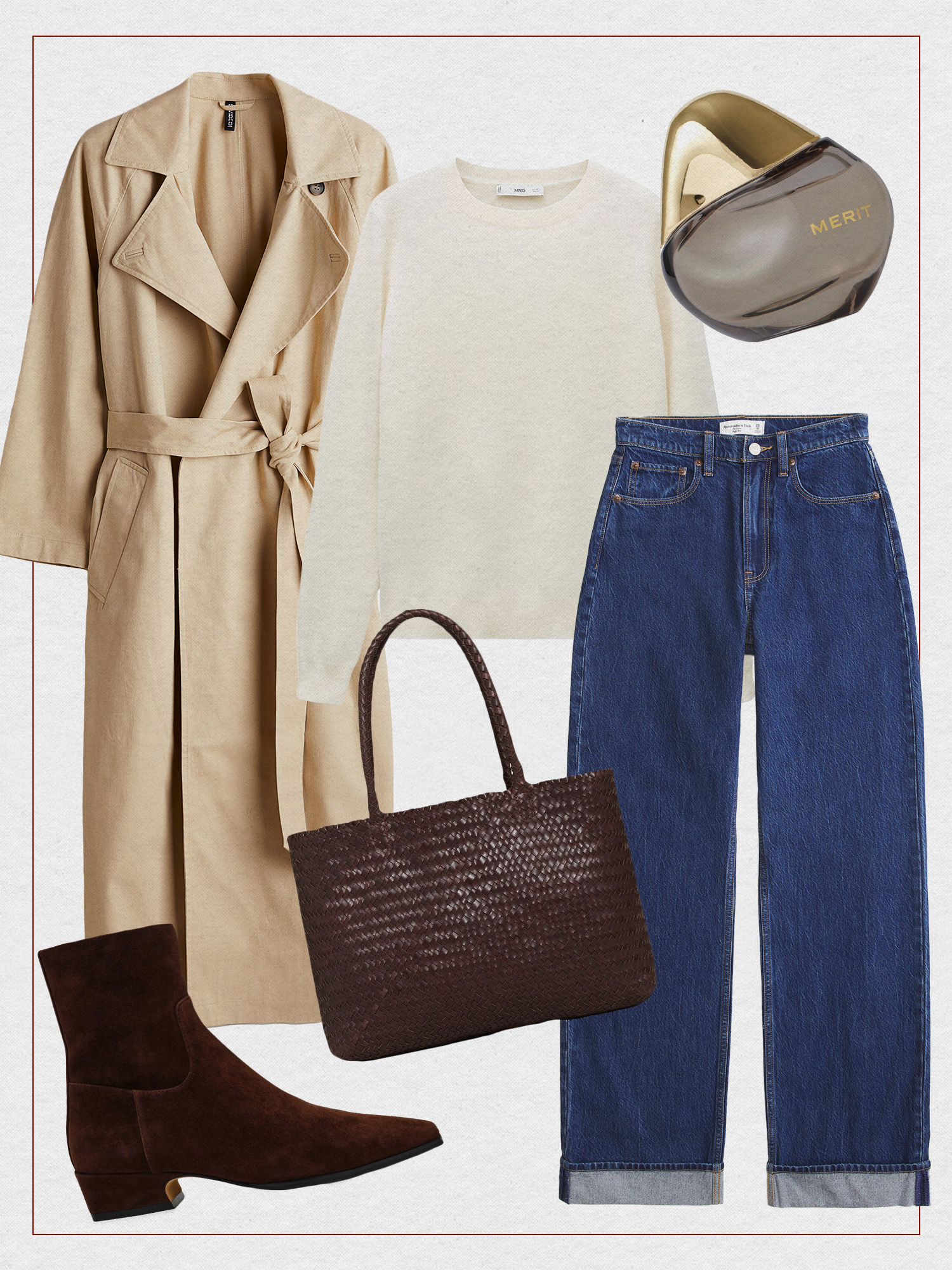 Winter outfit collage of an oversize belted H&M trench coat, Mango cream cashmere sweater, Merit Retrospect fragrance, Abercrombie cuffed jeans, brown woven Madewell leather tote, and brown suede Steve Madden ankle boots.