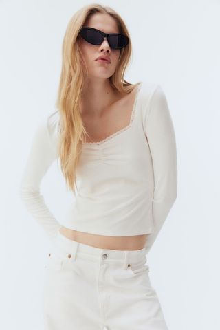 Lace-Trimmed Ribbed Top