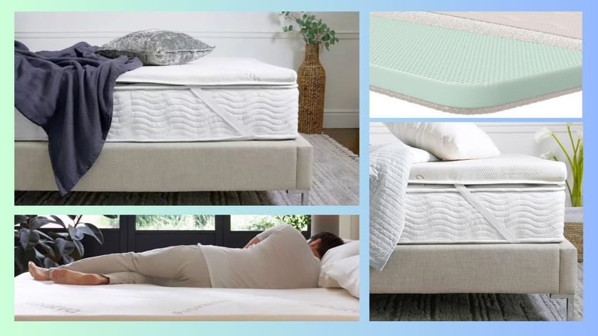 A college of Saatva High-Density Foam Mattress Topper images pasted onto a blue-green gradient background. 