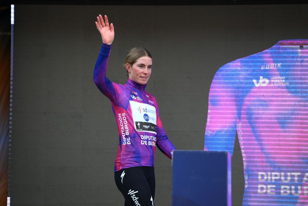 MELGARDEFERNAMENTAL SPAIN MAY 18 Demi Vollering of The Netherlands and Team SD Worx Protime celebrates at podium as Purple Leader Jersey winner during the the 9th Vuelta a Burgos Feminas 2024 Stage 3 a 122km stage from Roa de Duero to Melgar de Fernamental UCIWWT on May 18 2024 in Melgar de Fernamental Spain Photo by Alex BroadwayGetty Images