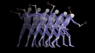 an illustration of a time lapse of a skeleton swinging a mace-like weapon