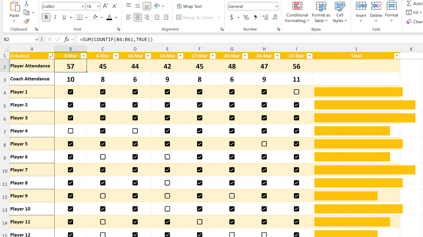 Excel spreadsheet with checkboxes
