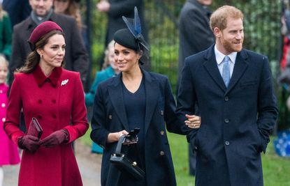 Catherine, Duchess of Cambridge, Meghan, Duchess of Sussex and Prince Harry, Duke of Sussex attend Christmas Day Church service at Church of St Mary Magdalene