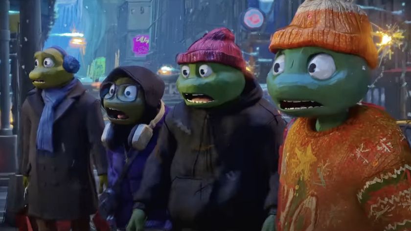 Leonardo, Donatello, Michelangelo and Raphael wearing winter clothing and looking in shock at toy commercial in Teenage Mutant Ninja Turtles: Chrome Alone 2 – Lost in New Jersey