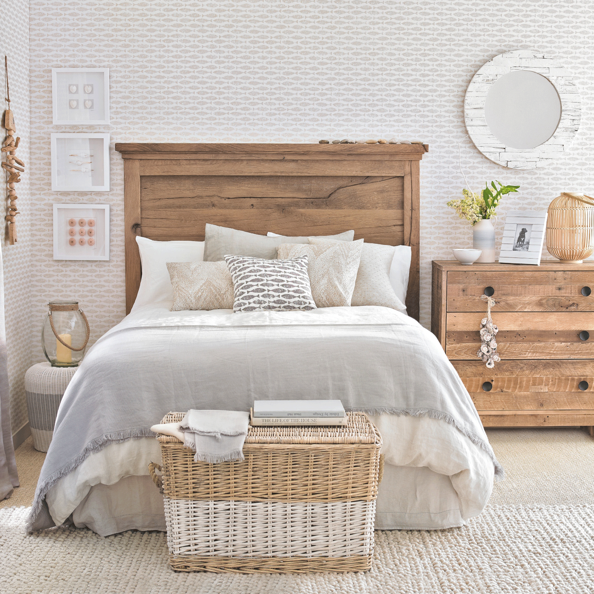 White bedroom with wooden furniture