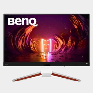 BenQ Mobiuz EX3210U gaming monitor with white and orange stand with red and purple space graphic on screen