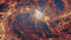 A close-up view of a barred spiral galaxy. Two spiral arms reach horizontally away from the core in the centre, merging into a broad network of gas and dust which fills the image. This material glows brightest orange along the path of the arms, and is darker red across the rest of the galaxy. Through many gaps in the dust, countless tiny stars can be seen, most densely around the core.