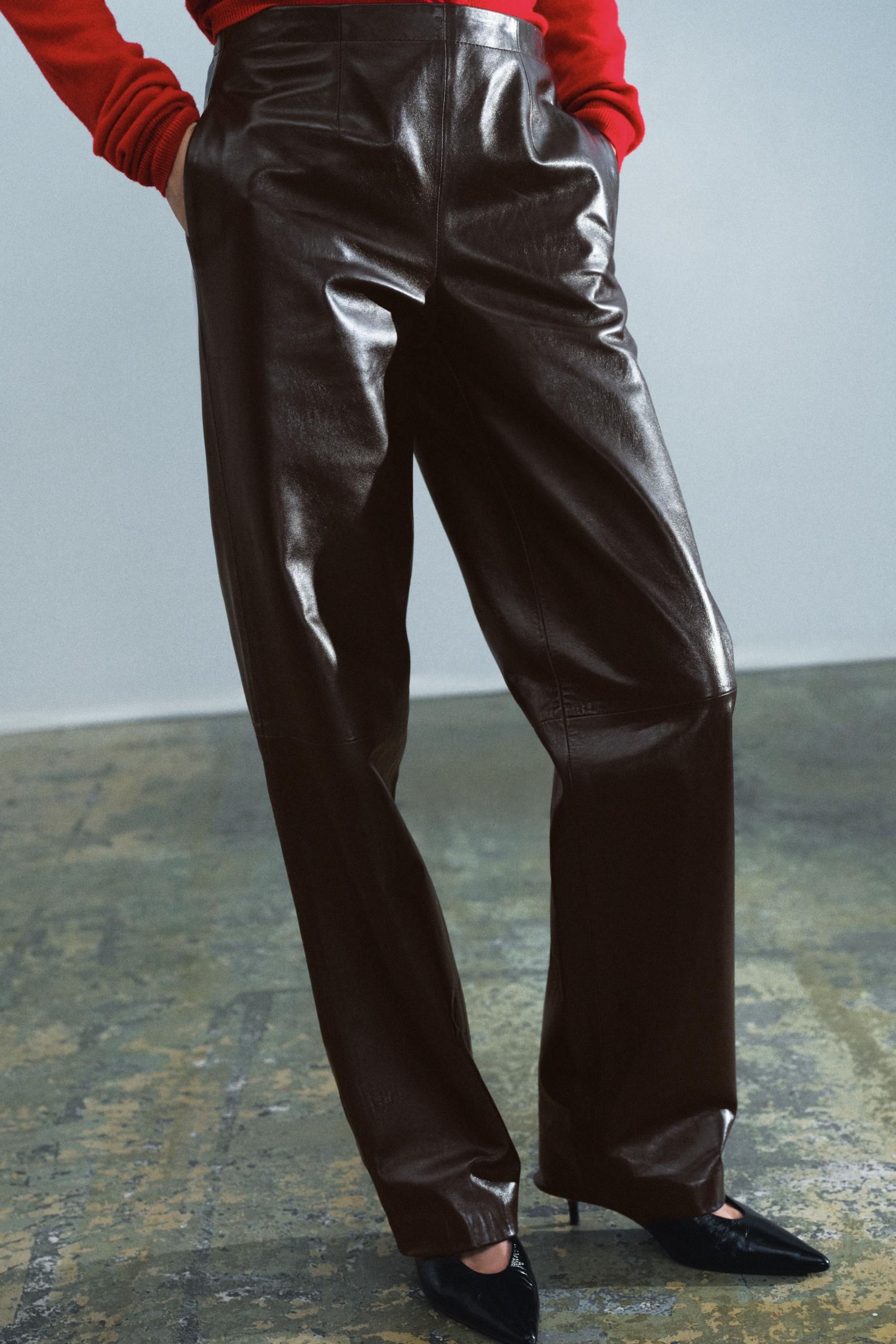 Zw Collection 100% Leather Trousers - Dark Brown - Xs