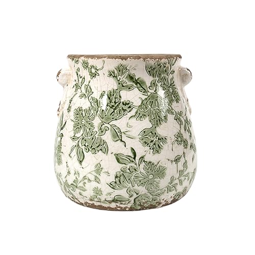 Vintage Planter Pot Ceramic Rustic Plant Pot With Drainage Hole, Ice Crack Distressed Plant Pot Container for Indoor & Garden, Scroll Tuscan Flower Pot Vase Home Gardening Gift (green, 6.5"x6.3")